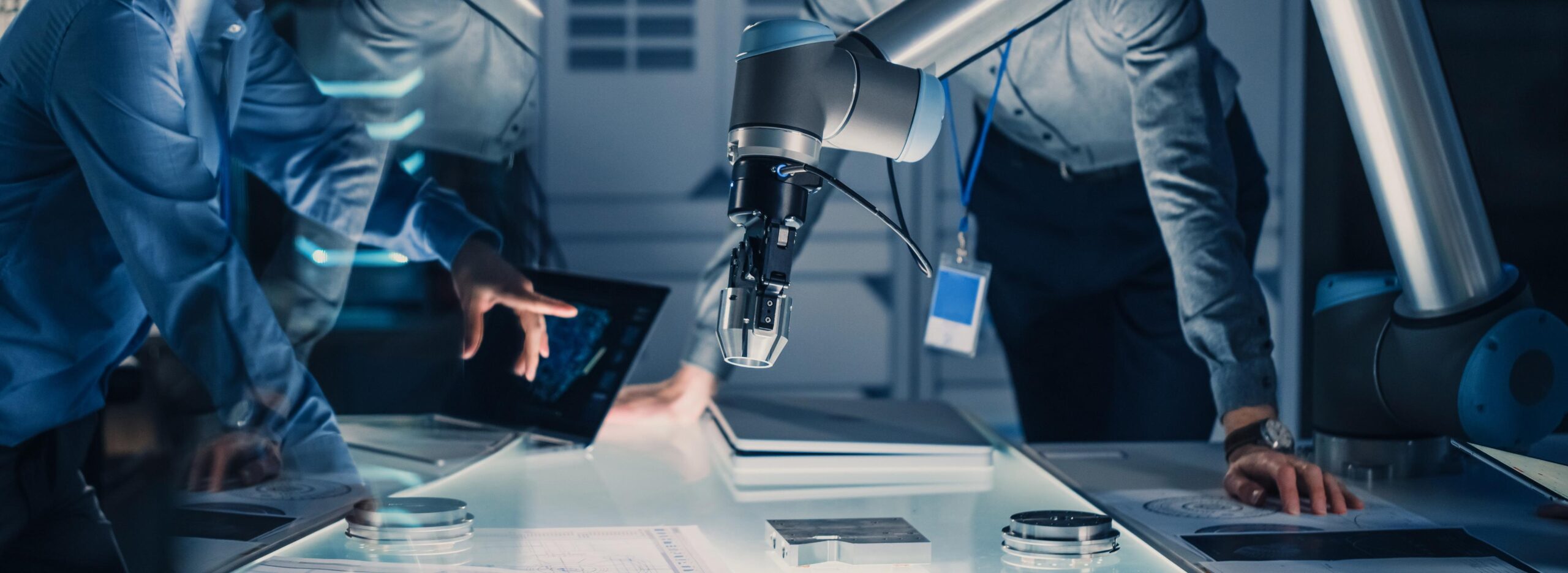 AI How do hydraulics work future of hydraulic equipment. Robots, meeting.